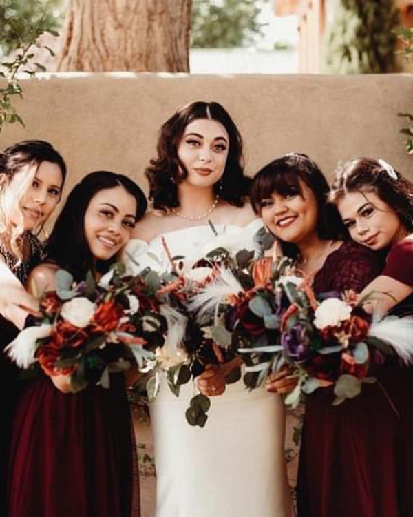 Bridal party dramatic wine colors
